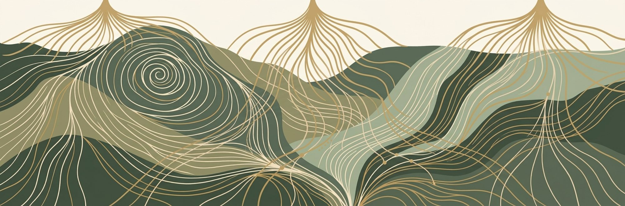 Three root systems flowing downward and interweaving through layered green landforms