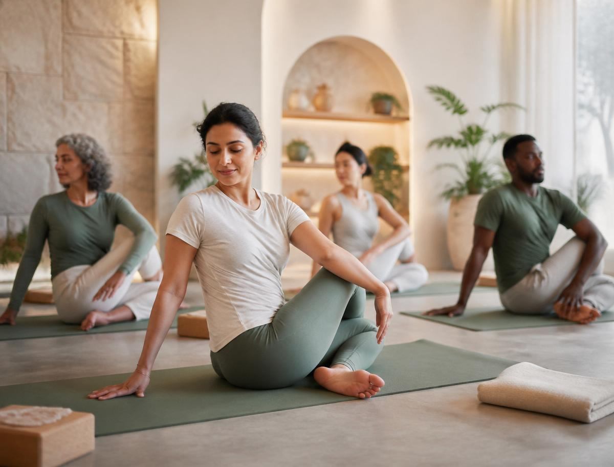 Restorative yoga and breathwork practice in a light-filled space at Karuna, Byron Bay